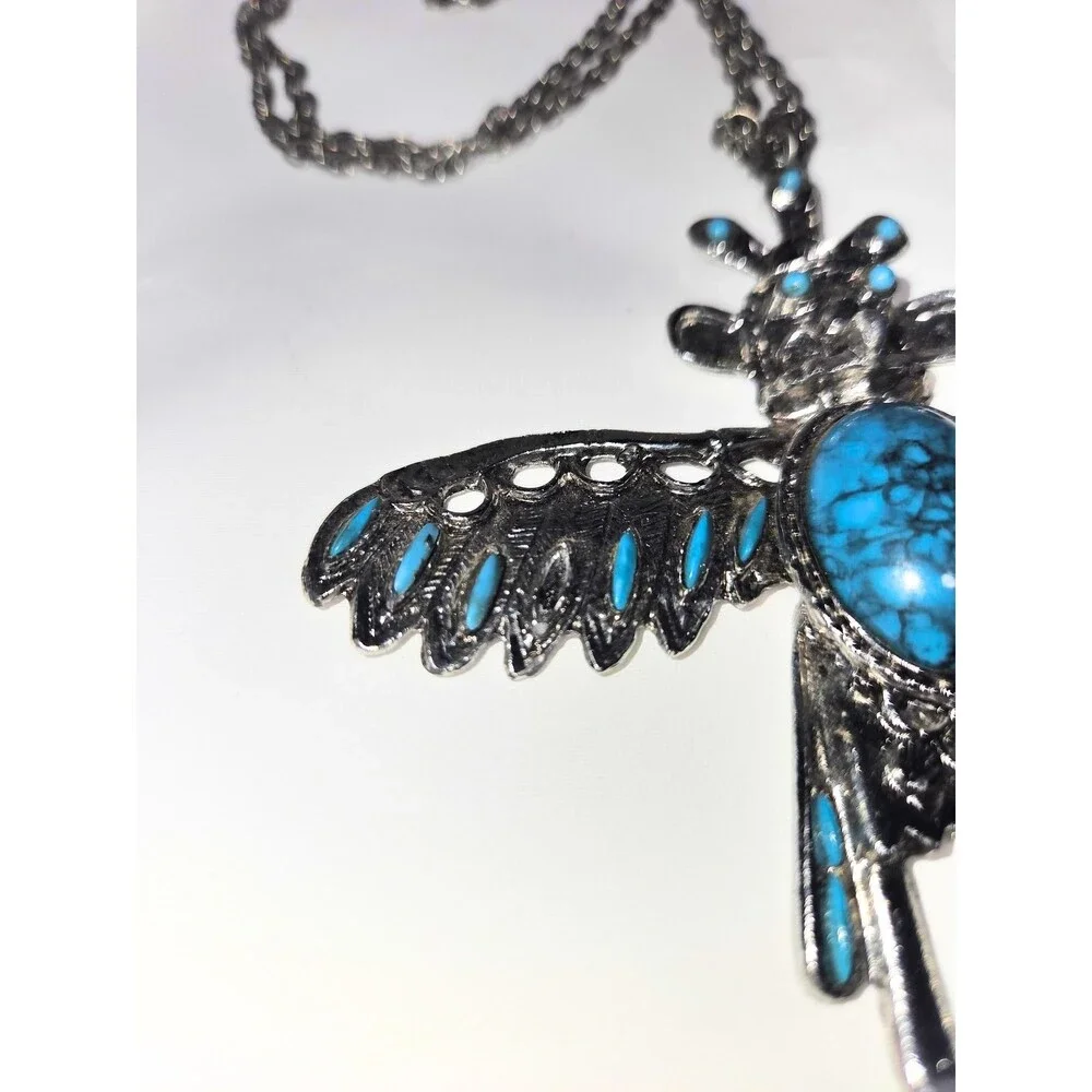 Southwest Style Thunderbird Pendant Necklace Turquoise Color Accents Silver Tone